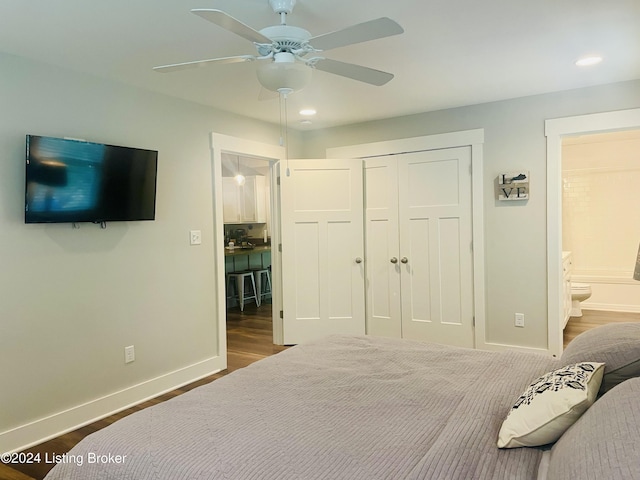 132 Cherry Ln, Leitchfield, KY 42754 - bedroom with ceiling fan, a closet, recessed lighting, wood finished floors, and baseboards