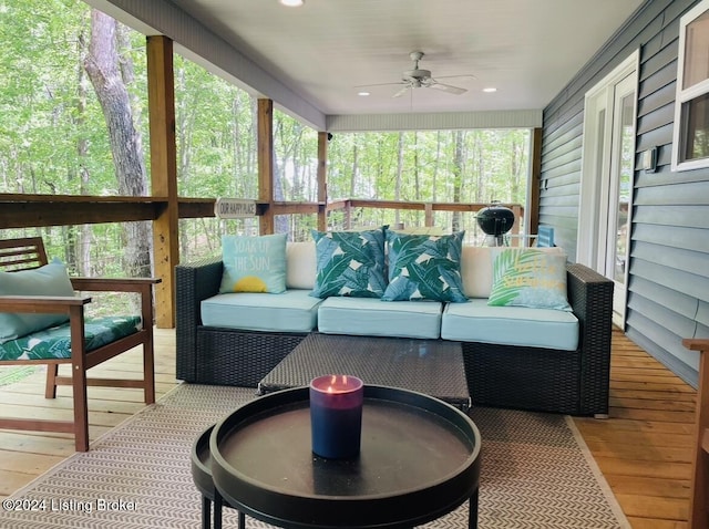 132 Cherry Ln, Leitchfield, KY 42754 - wooden terrace with outdoor lounge area, outdoor dining area, and a ceiling fan