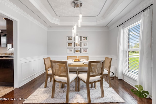 dining space featuring wainscoting, dark wood-style floors, crown molding, and a raised ceiling