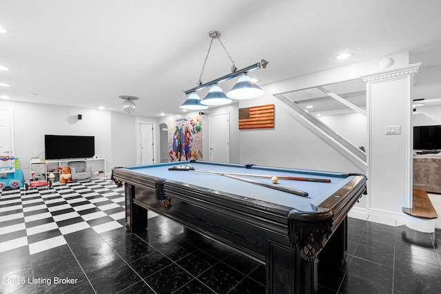 rec room featuring recessed lighting, arched walkways, and pool table