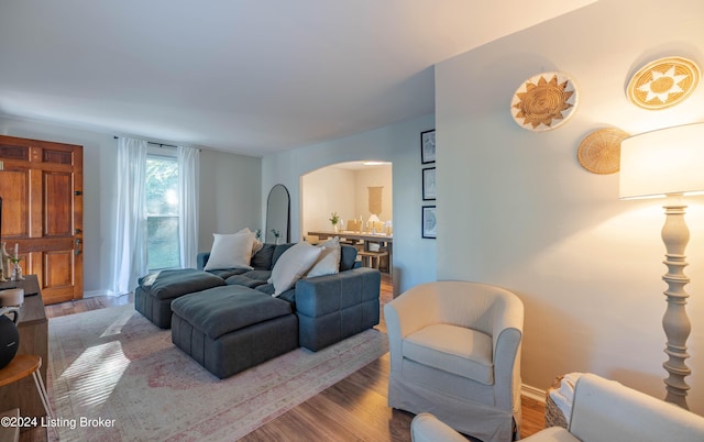 124 E Wellington Ave, Louisville, KY 40214 - living room featuring arched walkways, baseboards, and wood finished floors