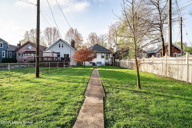 view of yard with a fenced backyard and a residential view
