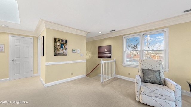 3709 Hurstbourne Ridge Blvd, Louisville, KY 40299 - sitting room featuring baseboards, an upstairs landing, light colored carpet, and ornamental molding