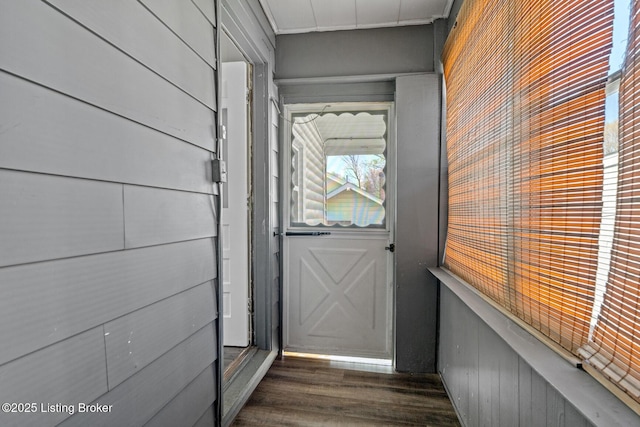 doorway to outside featuring wood walls and dark wood-style flooring