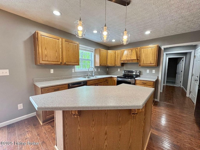 kitchen featuring baseboards, black dishwasher, a sink, stainless steel electric stove, and light countertops