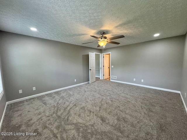 unfurnished bedroom featuring carpet flooring, baseboards, visible vents, and recessed lighting