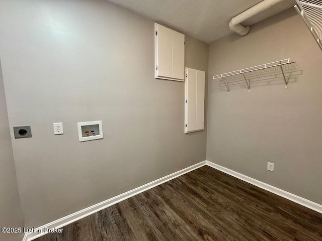 clothes washing area with laundry area, hookup for an electric dryer, hookup for a washing machine, dark wood-type flooring, and baseboards