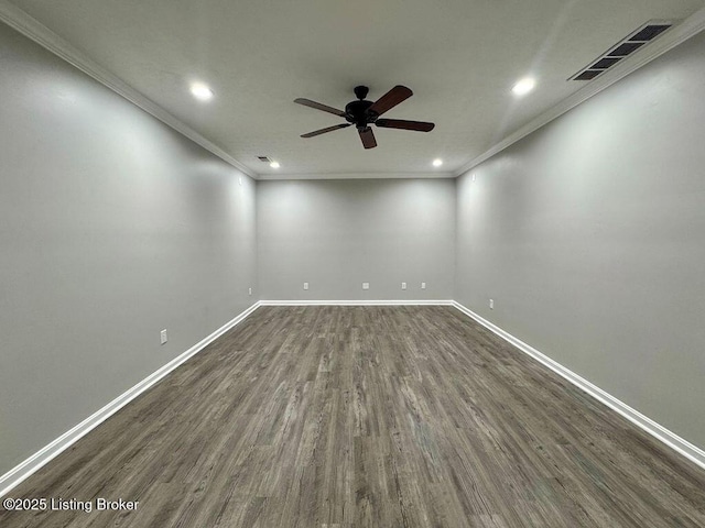 unfurnished room with recessed lighting, baseboards, ceiling fan, visible vents, and dark wood-style floors