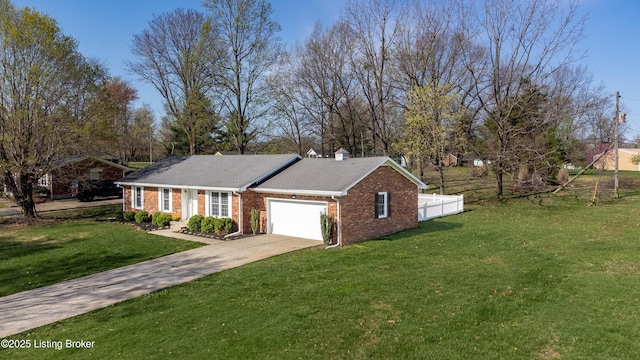view of property exterior with a lawn, fence, brick siding, an attached garage, and concrete driveway