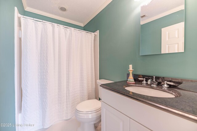 bathroom with a textured ceiling, vanity, ornamental molding, toilet, and a shower with shower curtain