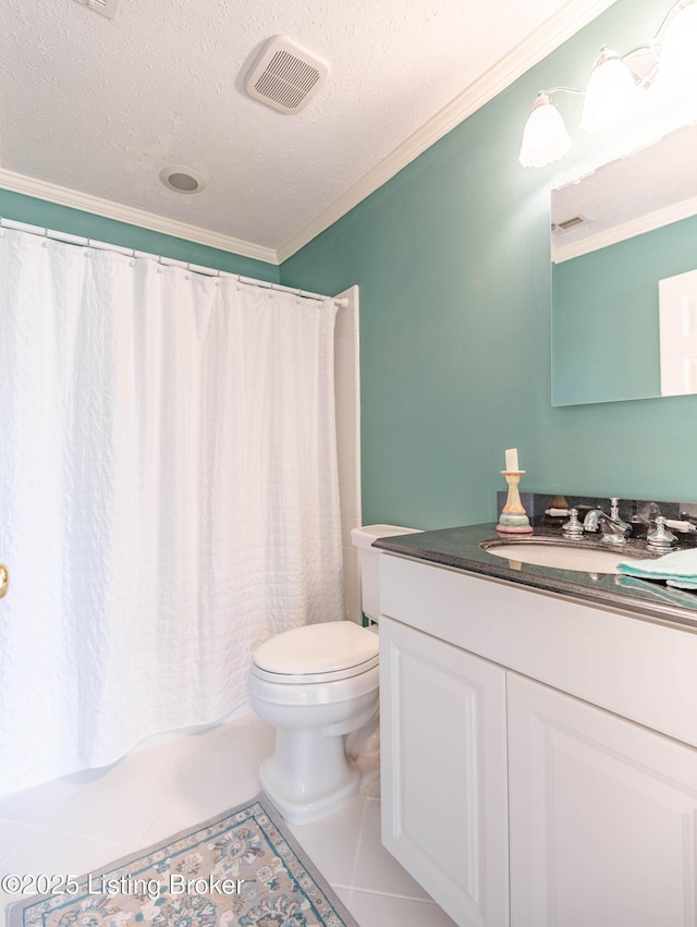 bathroom with ornamental molding, visible vents, tile patterned floors, and toilet