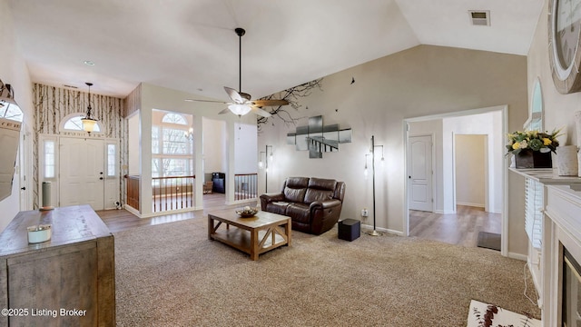 5214 Charlbury Ct, Louisville, KY 40241 - carpeted living area featuring high vaulted ceiling, ceiling fan, baseboards, and visible vents