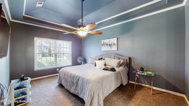 5214 Charlbury Ct, Louisville, KY 40241 - bedroom with baseboards, a raised ceiling, ornamental molding, ceiling fan, and carpet floors