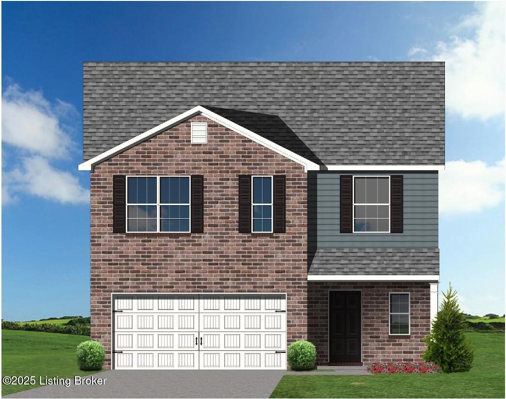 view of front facade featuring roof with shingles, a front lawn, brick siding, an attached garage, and driveway