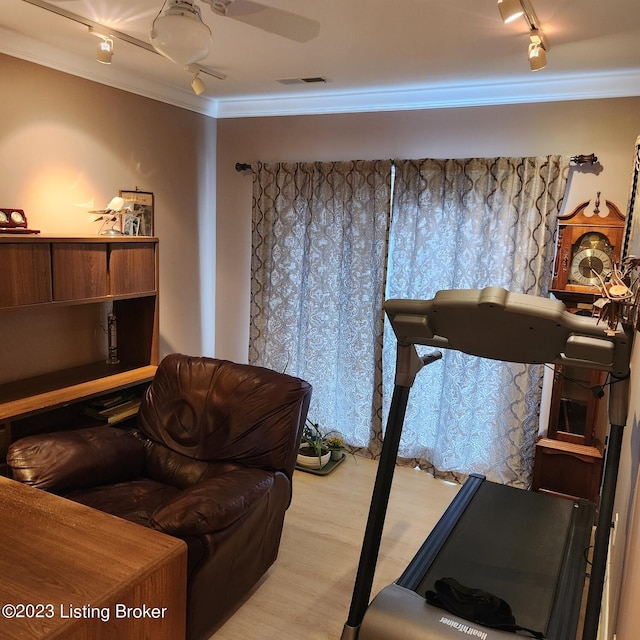 404 Eastgate Village Wynde, Louisville, KY 40223 - exercise room featuring crown molding, visible vents, ceiling fan, and light wood-style floors