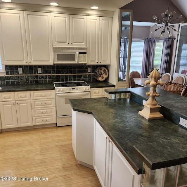 404 Eastgate Village Wynde, Louisville, KY 40223 - kitchen featuring white appliances, a chandelier, white cabinetry, backsplash, and light wood-style flooring