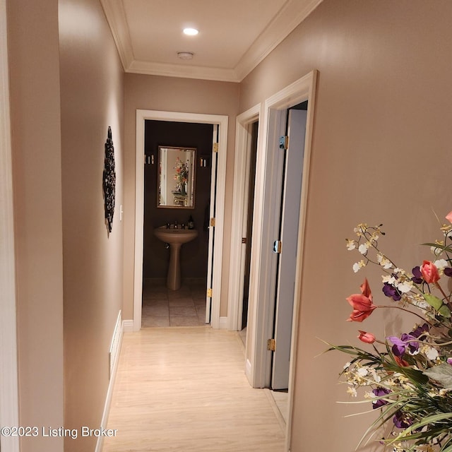 404 Eastgate Village Wynde, Louisville, KY 40223 - corridor with visible vents, baseboards, a sink, light wood-type flooring, and crown molding