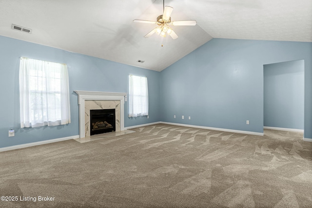 1112 Majestic Woods Dr, La Grange, KY 40031 - unfurnished living room featuring carpet, vaulted ceiling, a ceiling fan, a fireplace, and baseboards