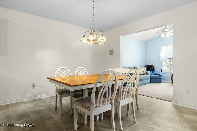 1112 Majestic Woods Dr, La Grange, KY 40031 - dining room featuring a chandelier, baseboards, ceiling fan, and lofted ceiling