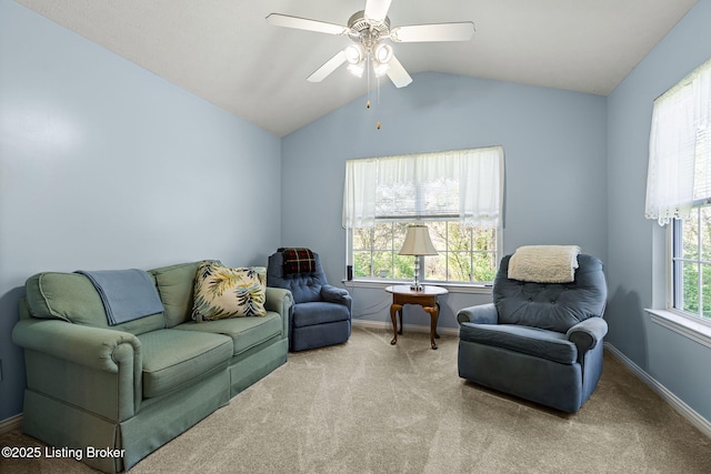 1112 Majestic Woods Dr, La Grange, KY 40031 - carpeted living room with baseboards, vaulted ceiling, and ceiling fan