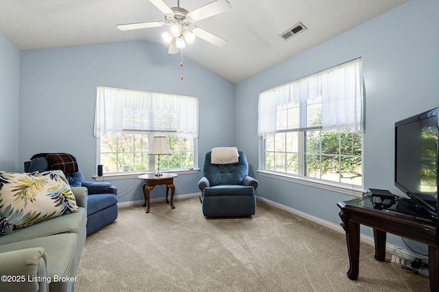 1112 Majestic Woods Dr, La Grange, KY 40031 - living area with healthy amount of natural light, carpet floors, vaulted ceiling, baseboards, and ceiling fan