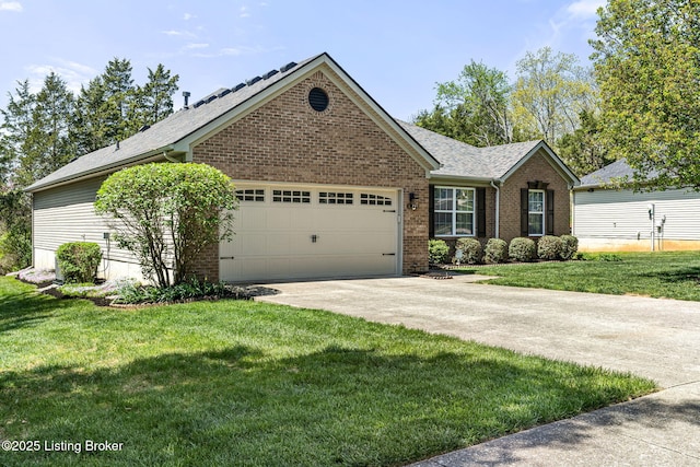 1112 Majestic Woods Dr, La Grange, KY 40031 - ranch-style house featuring an attached garage, concrete driveway, a front yard, and brick siding