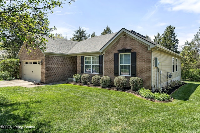 1112 Majestic Woods Dr, La Grange, KY 40031 - ranch-style home with brick siding, driveway, a front yard, an attached garage, and roof with shingles