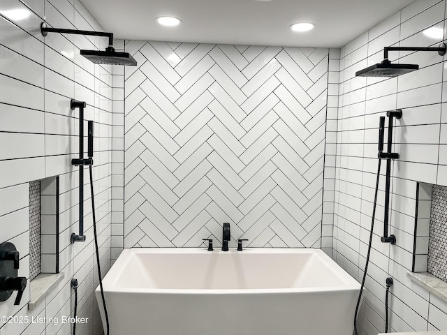119 Fairway Dr, Hodgenville, KY 42748 - full bathroom with a freestanding bath, a tile shower, a sink, and recessed lighting