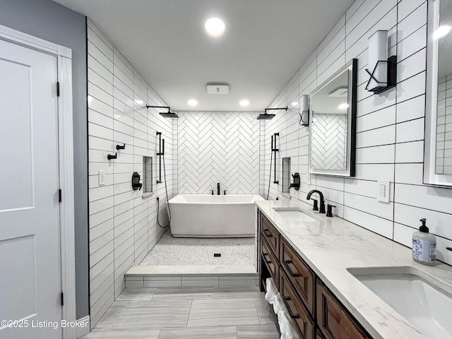 119 Fairway Dr, Hodgenville, KY 42748 - full bathroom with a tile shower, a soaking tub, a sink, and double vanity