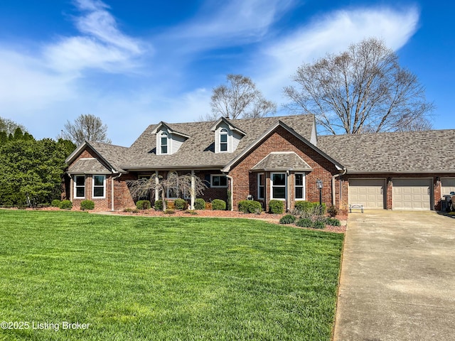 119 Fairway Dr, Hodgenville, KY 42748 - cape cod-style house with a garage, brick siding, a front yard, and concrete driveway