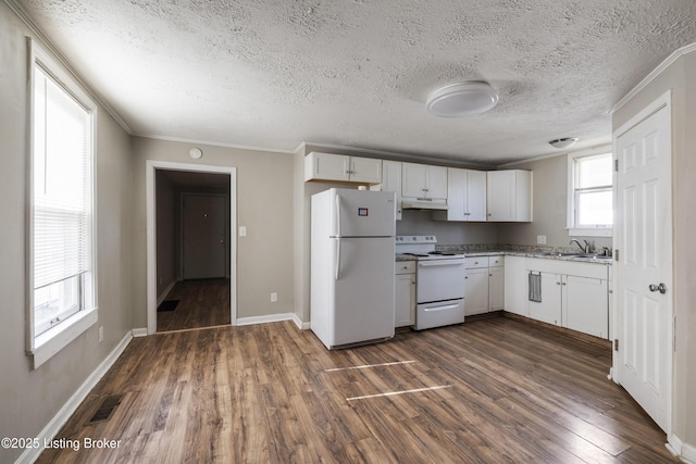 kitchen with under cabinet range hood, visible vents, a sink, white appliances, and dark wood-style flooring