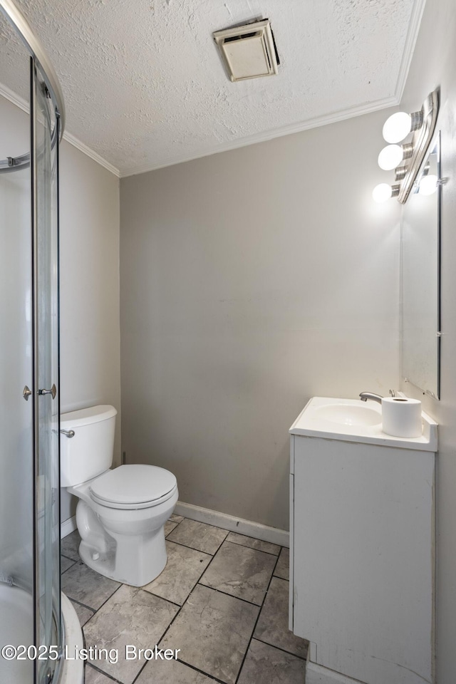 full bathroom with a textured ceiling, a shower stall, visible vents, and vanity