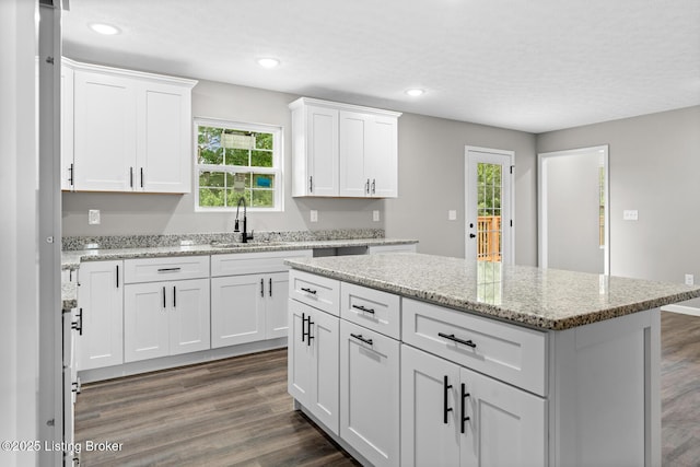 3408 Rhodelia Rd, Payneville, KY 40157 - kitchen featuring white cabinets, healthy amount of natural light, a center island, dark wood-type flooring, and recessed lighting