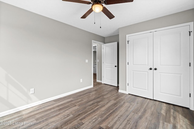 3408 Rhodelia Rd, Payneville, KY 40157 - unfurnished bedroom featuring wood finished floors, a closet, and ceiling fan