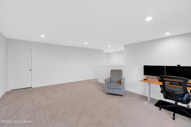 carpeted office with recessed lighting and baseboards