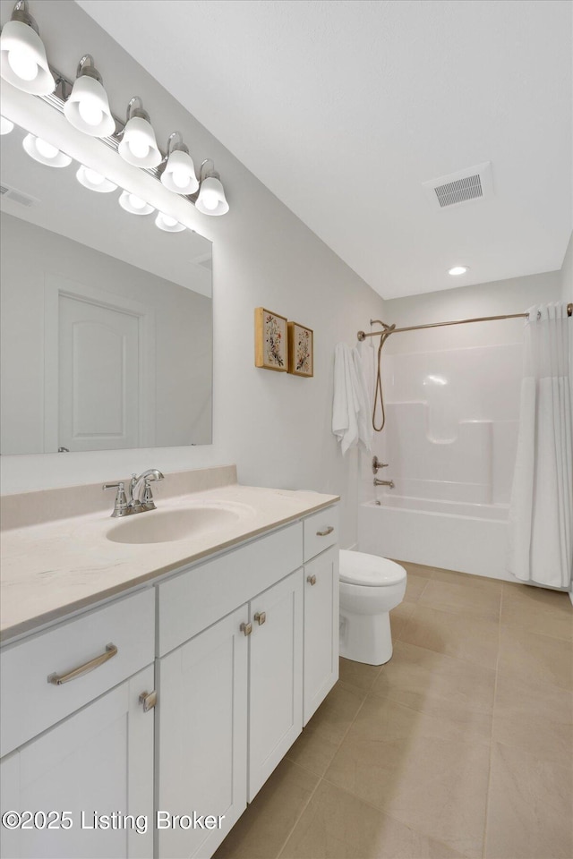 full bath featuring tile patterned floors, bathing tub / shower combination, visible vents, and toilet