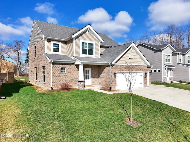 view of front facade featuring a front yard, a shingled roof, an attached garage, brick siding, and driveway