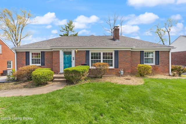 single story home with central AC, a front lawn, brick siding, a chimney, and a shingled roof