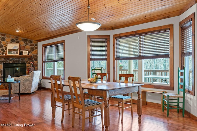 351 Serenity Cove Ln, Mammoth Cave, KY 42259 - dining area featuring a stone fireplace, baseboards, lofted ceiling, wood ceiling, and wood finished floors