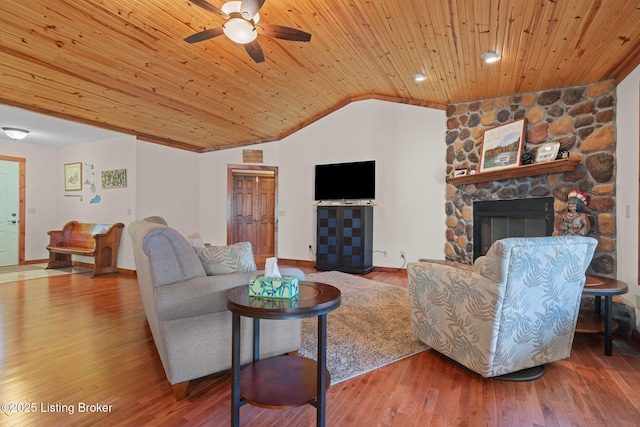 351 Serenity Cove Ln, Mammoth Cave, KY 42259 - living room featuring wooden ceiling, a stone fireplace, ceiling fan, wood finished floors, and lofted ceiling