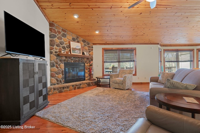 351 Serenity Cove Ln, Mammoth Cave, KY 42259 - living room with wooden ceiling, ceiling fan, a fireplace, and plenty of natural light
