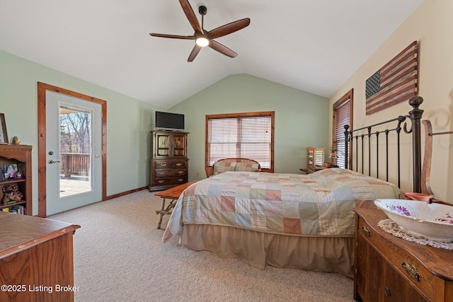 351 Serenity Cove Ln, Mammoth Cave, KY 42259 - carpeted bedroom with access to exterior, baseboards, a ceiling fan, and lofted ceiling