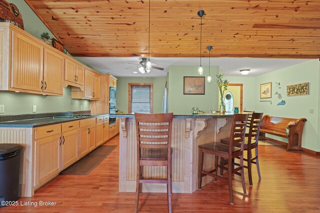351 Serenity Cove Ln, Mammoth Cave, KY 42259 - kitchen with wooden ceiling, light wood finished floors, a breakfast bar area, and cooktop