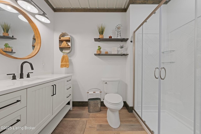 351 Serenity Cove Ln, Mammoth Cave, KY 42259 - bathroom with toilet, a shower stall, vanity, and wood finished floors