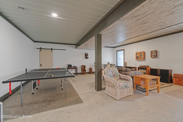 351 Serenity Cove Ln, Mammoth Cave, KY 42259 - rec room with concrete floors, visible vents, and a barn door