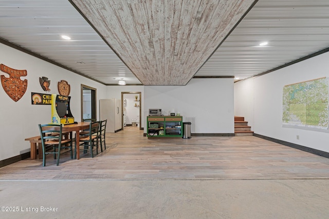351 Serenity Cove Ln, Mammoth Cave, KY 42259 - dining area featuring recessed lighting, stairs, baseboards, and wooden ceiling