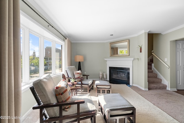 644 S 2nd St Unit 2, Louisville, KY 40202 - living area featuring carpet flooring, a fireplace with flush hearth, baseboards, and ornamental molding