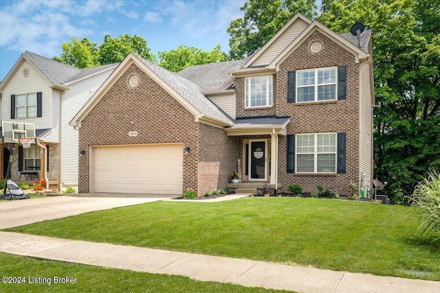 view of front facade featuring a garage, a front lawn, brick siding, a shingled roof, and concrete driveway