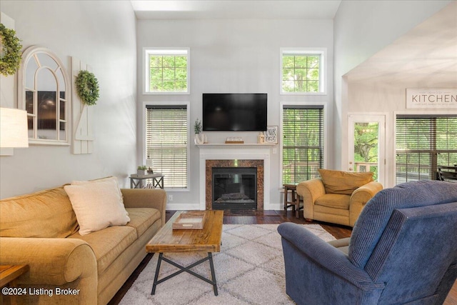 living room featuring a high end fireplace, wood finished floors, and a healthy amount of sunlight