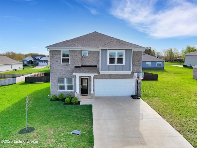 109 Kentucky Oaks Trl, Elizabethtown, KY 42701 - traditional-style home with board and batten siding, fence, a front lawn, an attached garage, and driveway